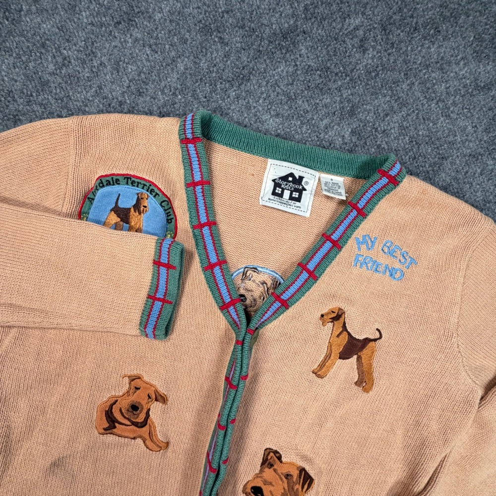 Storybook Knits Airedale Terrier Dog Cardigan Tan knited Womens Small 0980